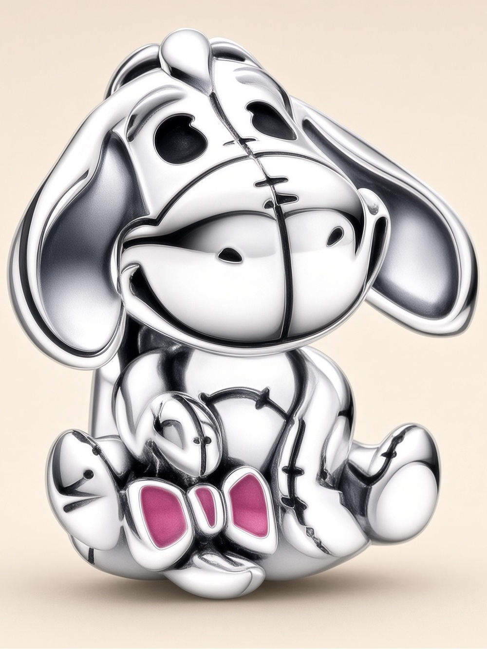 Pandora Silver Eeyore-Style Dog Charm with Pink Bow Accent